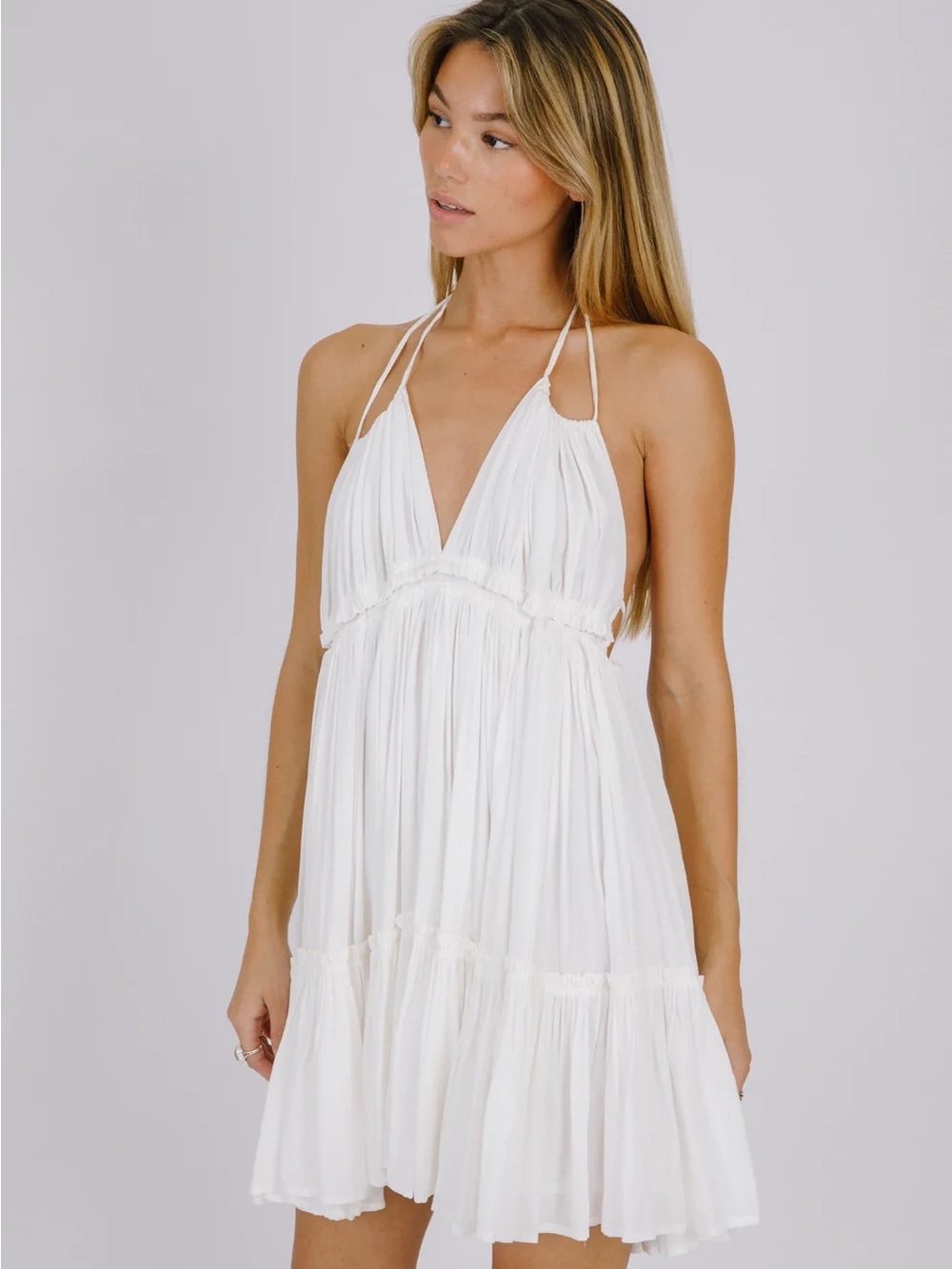 Bamboo Blonde Taupe Tiered Halter Mini Dress Small